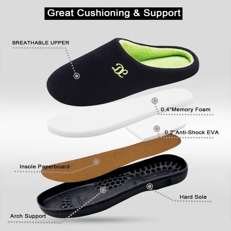 DL Men's Memory Foam Slippers - Comfy Indoor/Outdoor Slip-ons, Cozy Bedroom Slippers with Soft Flannel Lining, Size 9-10 (Black/Green) - Image 3